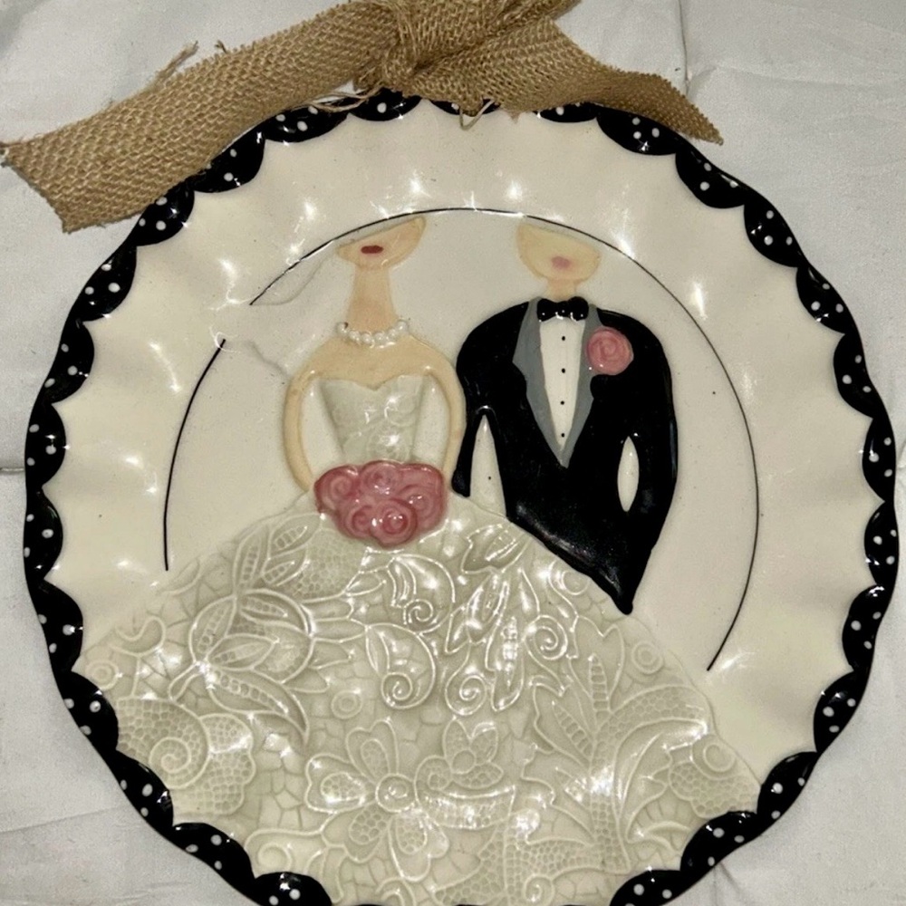 Wedding Couple Decorative Plate with Burlap Bow - White, Black, Pink Mud Pie